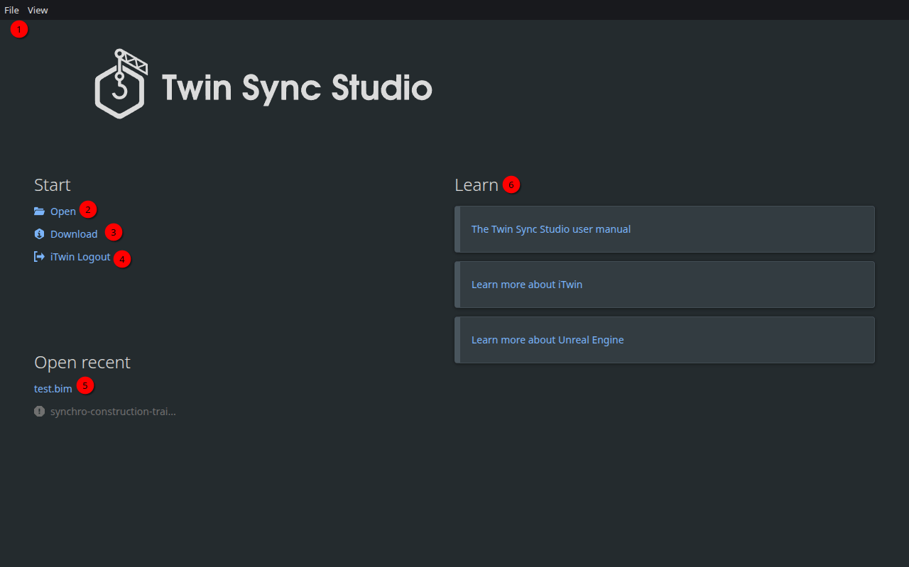 The main menu of Twin Sync Studio