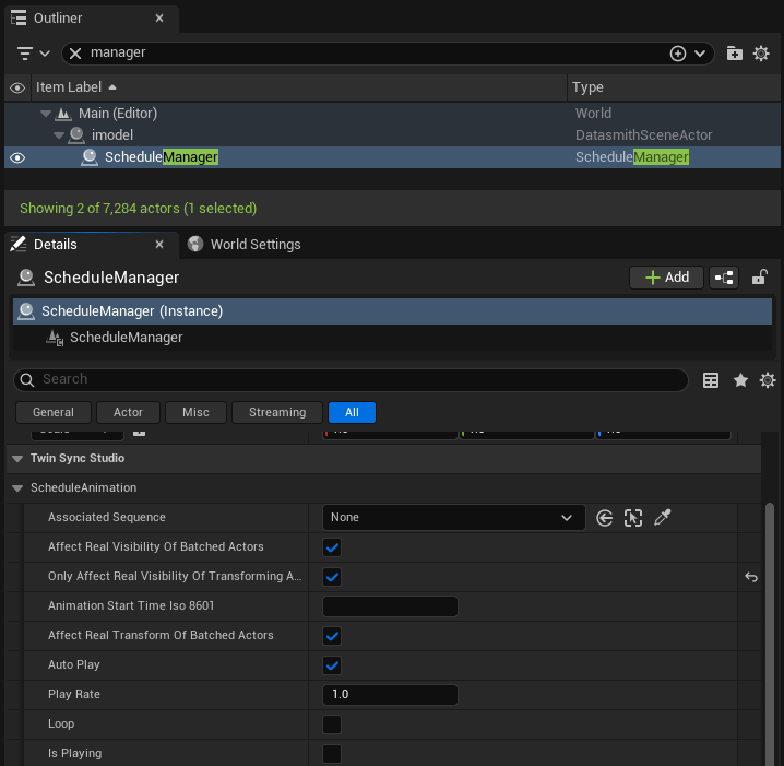 Properties of a ScheduleManager actor in Unreal Engine